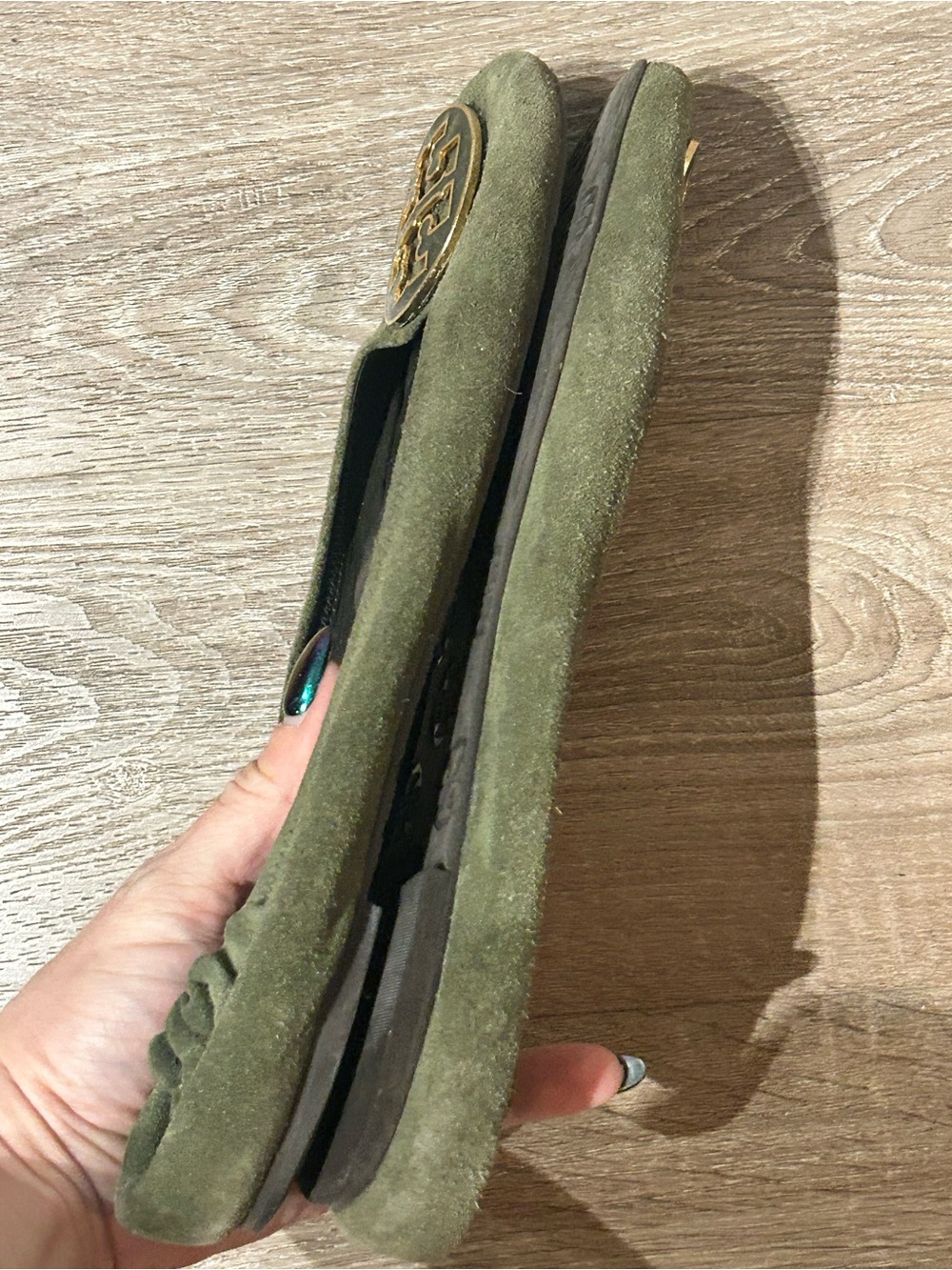 Tory Burch Reva Olive Suede Logo Ballet Flats - Picture 6 of 8